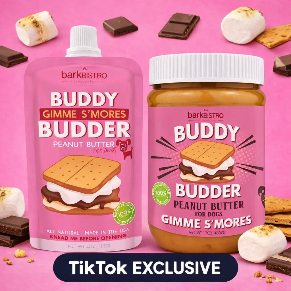 2pk Gimme S'mores Buddy Budder Squeeze Pouch (4oz each)- All Natural Dog Peanut Butter, Perfect with Dog Enrichment, Treating, Training, Traveling