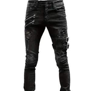 Medium Stretch Men's Chic Skinny Biker Jeans, Casual Street Style Denim Pants