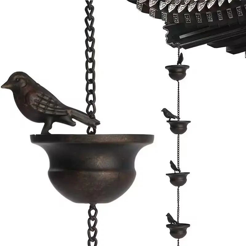 2.4m Vintage Bird Shape Rain Chain Catcher, Iron Wind Chime, Decorative Hanging Downspout Chain for Outdoor Gutters, Deep Bronze Color, Garden Ornament, Garden Accessories
