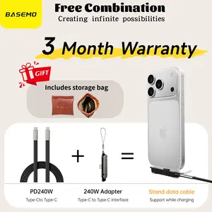 [March Warranty] Basemo New Upgraded 240W Super-Fast Charger with Detachable 2-in-1 360° Invisible Stand, Zinc Alloy & Silicone Type-C 1.5rice Cable – Ideal for Gaming, Office, Car Use, and Travel – Compatible with Apple and Samsung Devices Portable Fast