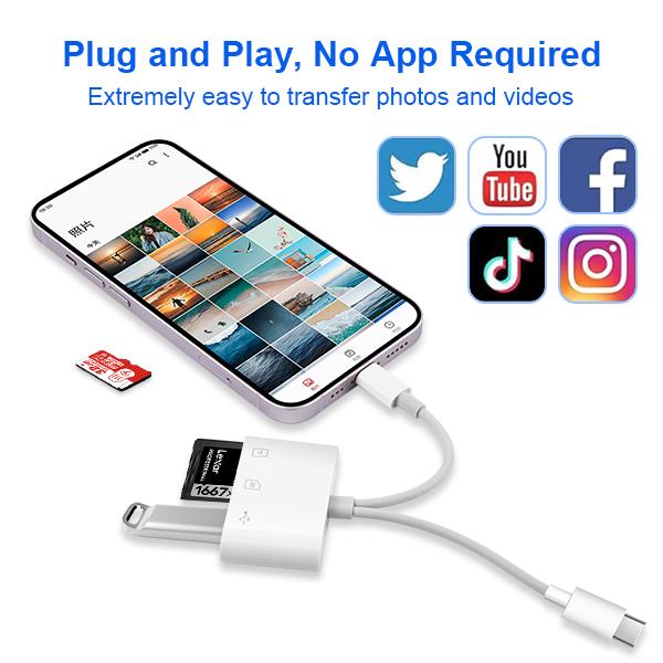 5-in-1 SD Card Reader for iPhone,iPad,Android – Dual USB-C & Lightning Adapter, Supports SD/MicroSD/USB 3.0, Fast Transfer, Plug & Play, No App Needed