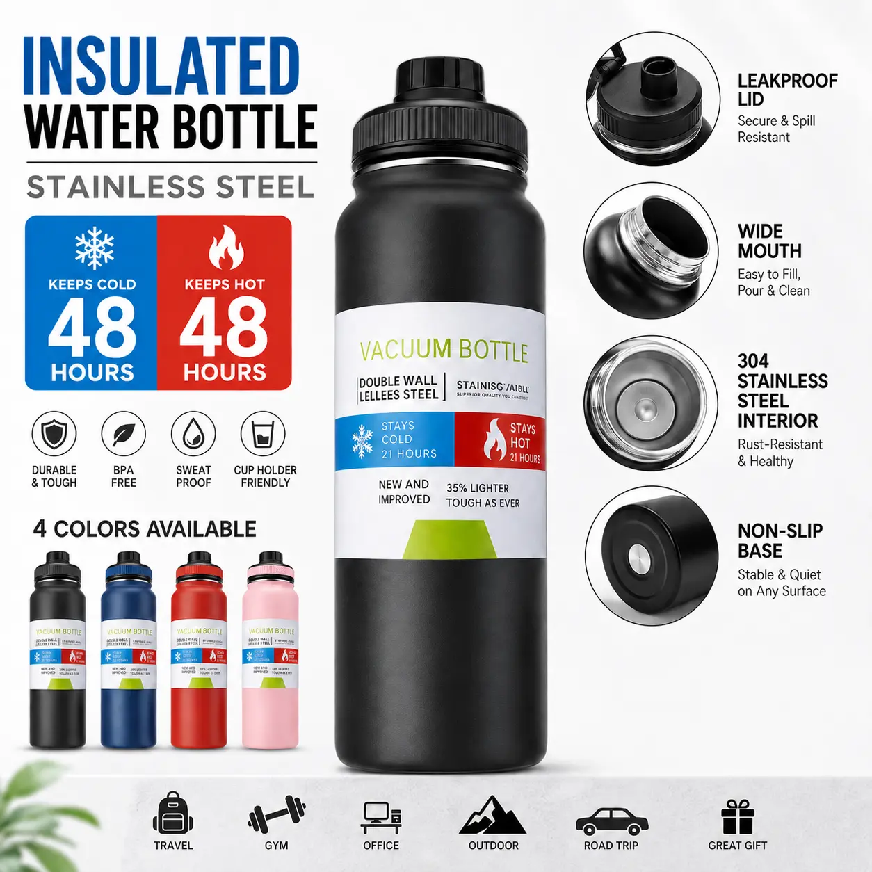 Sports Insulated Tumbler 800ml Stainless Steel Vacuum Water Bottle Leak Resistant Thermal Mug Car Gym