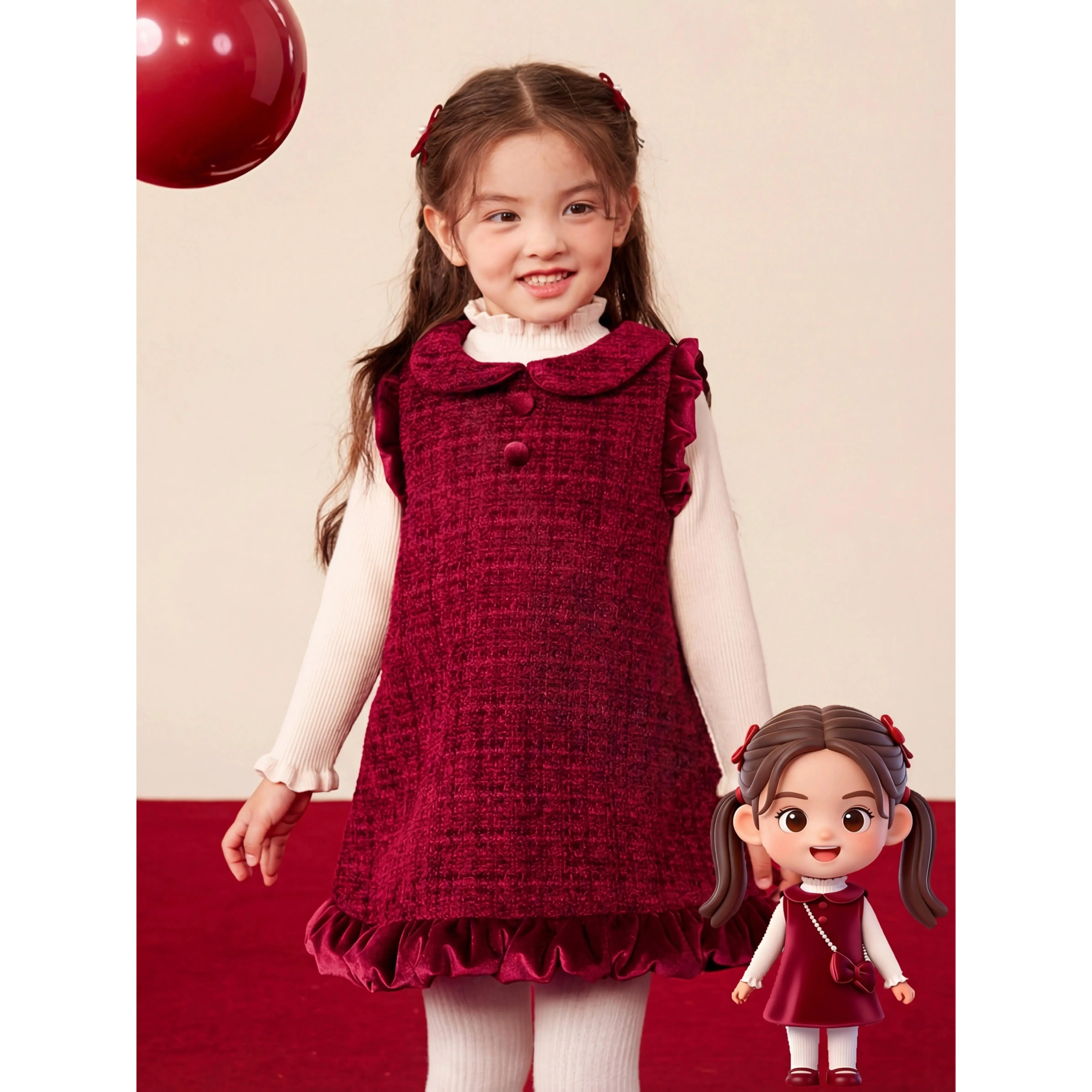 (New)Girl's Dress, Red New Year's Outfit, Christmas and New Year's Celebration Dress, -Lined Warm Short Vest Dress for Girls Ages 3-8, Princess Dress, Above-Knee Length, Doll Collar with Lace Hem and Lace Cuffs, Autumn/Winter -Lined Lining, First Birthday