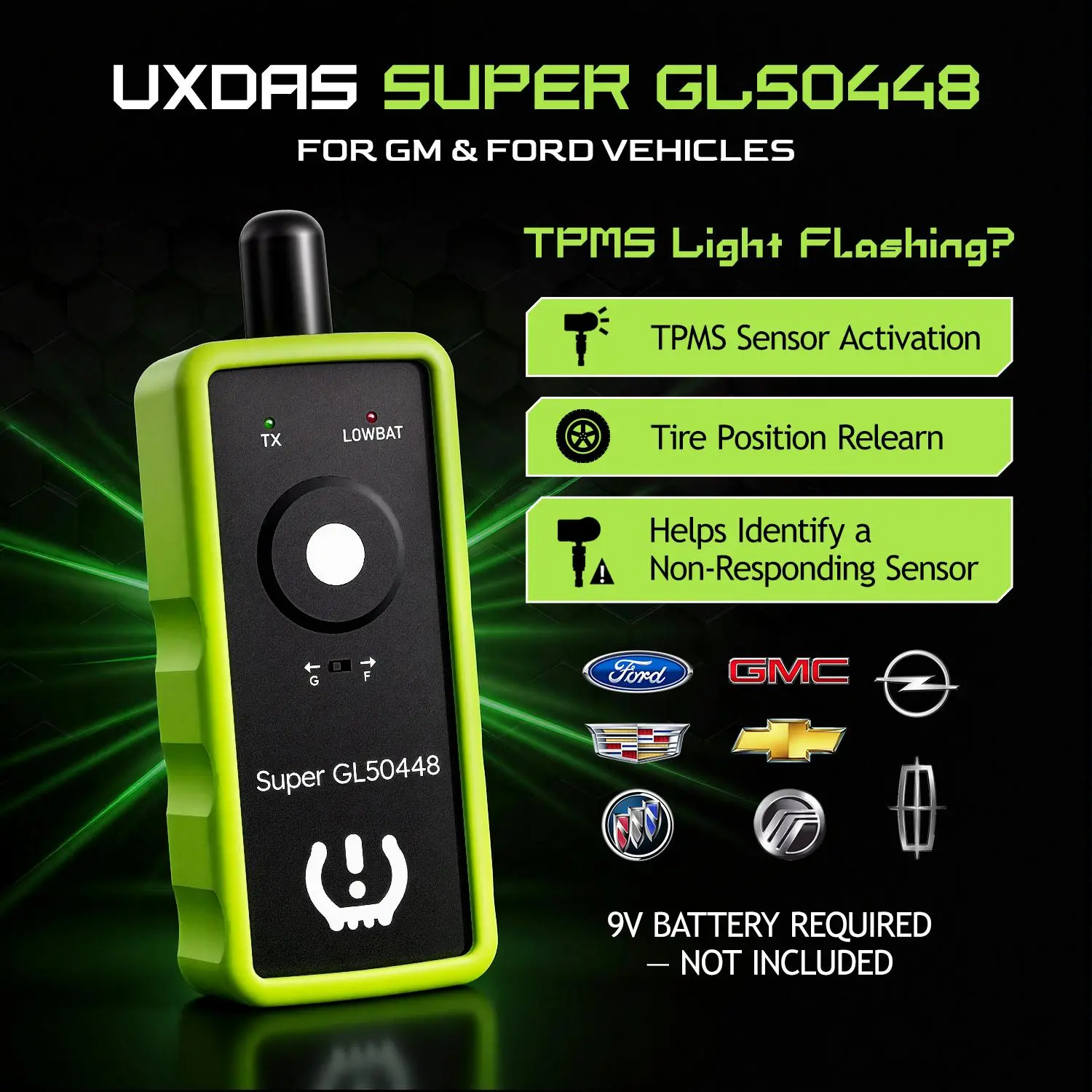 [GM & Ford] VXDAS Super GL50448 Handheld TPMS Relearn Tool - 1-Button 315/433 MHz Tire Sensor Activation & Reset Tool with Toggle Switches for F-150, Silverado, Sierra, Chevy, GMC, Buick, Cadillac, Lincoln