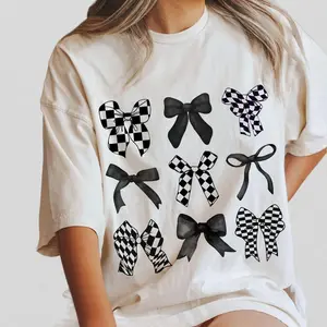 Coquette Checkered Black Bow Shirt, Black Bows Coquette Shirt, Gift for Her, Gift for Mom, T-Shirt for Women, Coquette Bows Checkered T-Shirt, Black Bows Tee, Vintage Coquette Aesthetic, Cute Ribbon TShirt, Checkered Coquette Tee Gifts