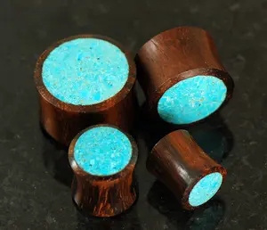 Pair Crushed Turquoise Stone Set In Organic Wood Saddle Ear Plugs Fr 2G ~ 1" Gauge (Thickness) 2G Unique Jewelry Delicate Design Piercing For Women