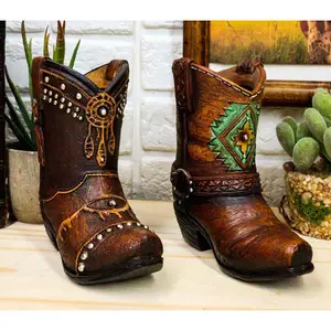 Set of 2 Western Cowboy Turquoise & Dreamcatcher Boots Make Up Tools Pen Holder