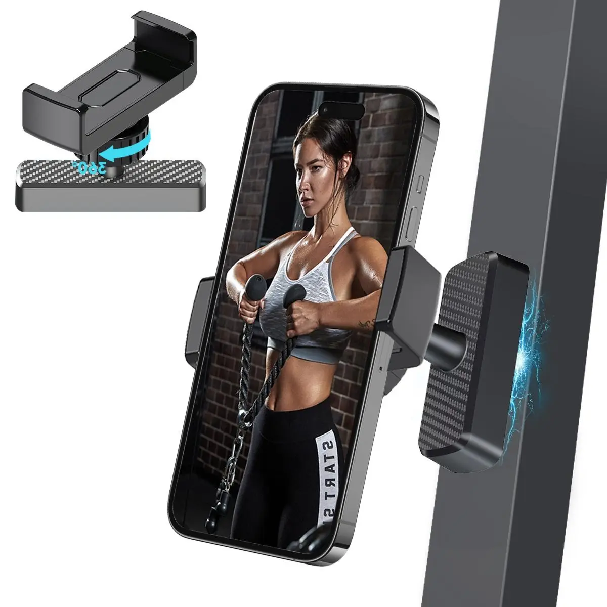 Magnetic Smartphone Mount Holder Stand, Alloy Base & Joint for Strong Hold, 360° Adjustable, Compatible with 4-7 in iPhone & Android Phones, Gym Workout Accessories for Men