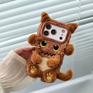 Plush Monster 3D Case for iPhone14/15/16 | Full Plush 3D Shape + Cute Facial Features & Paw Prints + Lens Protective Frame | Warm & Shockproof | Autumn & Winter Outing Soft Cute Personality Style