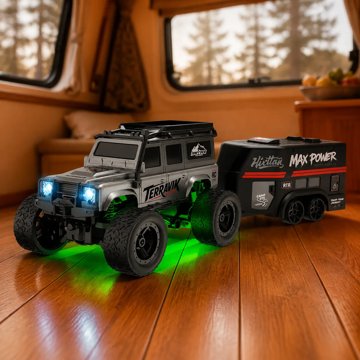 SKYQITIAN 1:64 Mini 4-Wheel Drive RC Crawler Car - High-Torque Remote Control Trucks, Simulated Trailer, LED Stunt Glow, Off-Road Climbing, Book Obstacle Course Toy for Boys, Four-Wheel Drive