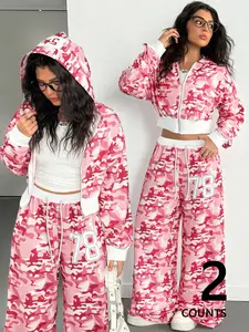 Women's Two-Piece Hooded Long Sleeve Set, All over Print Loose Fit Pants, Casual Fall Fashion, Trendy Street Style