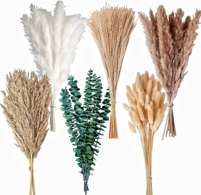 KF Roam 110 PCS of Boho Pampas Grass Decor, Naturally Dried Pompas, Bunny Tails Dried Flowers, and dried eucalyptus.Perfect for Weddings, Boho Party Decorations, and Table Decor.