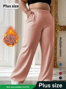 Women's Plus Size Fleece-Lined Wide Leg Pants, High Waist Stretchy Fabric Casual Solid Color Straight Pocket Trousers, Soft Warm Fall Winter Wear