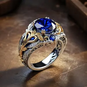 Two Tone Ring Set with Synthetic Sapphire, Vintage Style Jewelry, Domineering Men's And Women's Rings, Suitable for Daily Wear And Party/ Birthday/ Anniversary Christmas Gifts