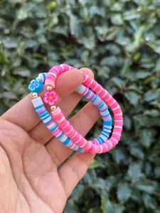 Handmade Clay Bead Bracelets - Pink - Blue