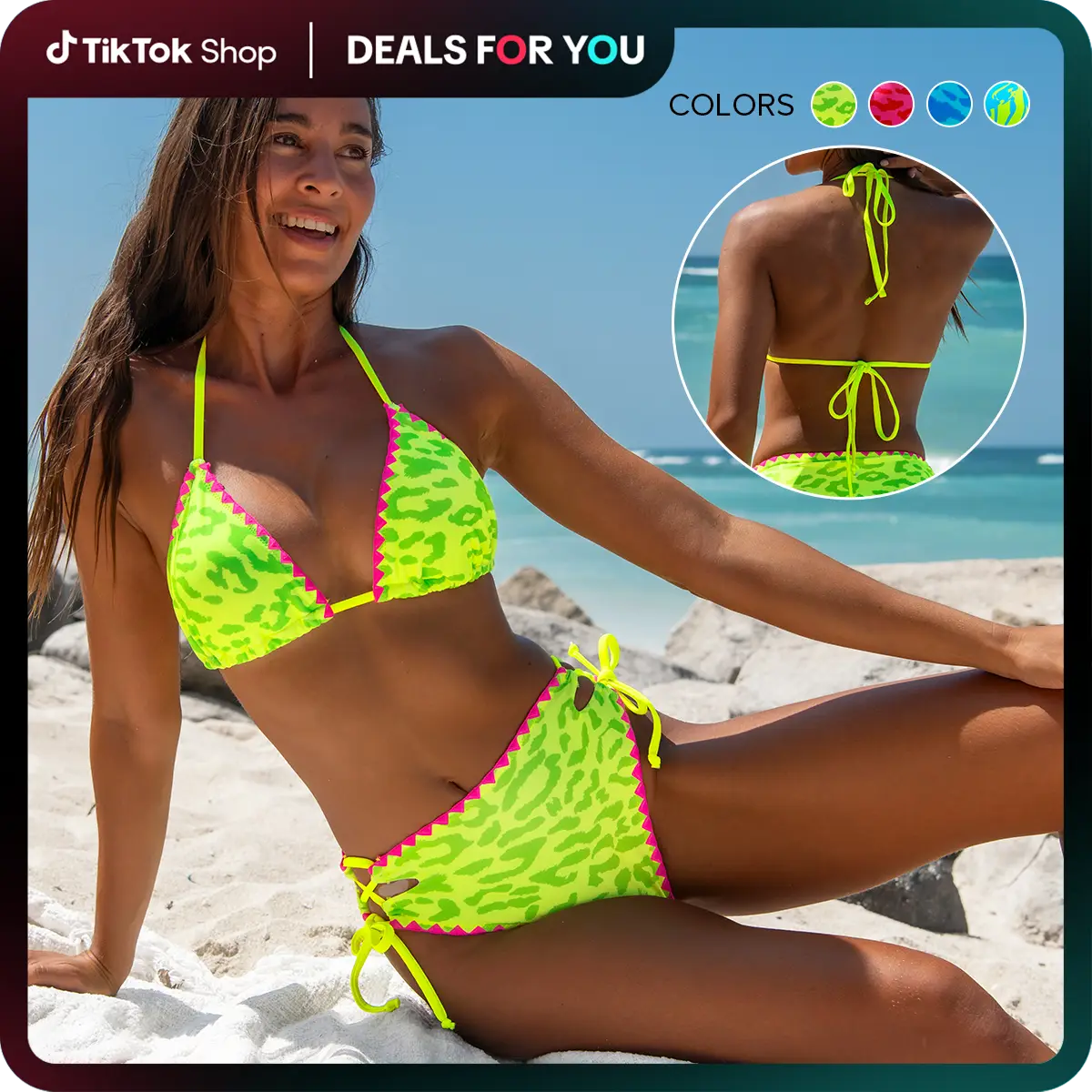 Popvil Halter Lace-up Leopard Triangle Bikini Set,Tummy Control High Waisted Neon Swimsuit for Women, Neon Bathing Suit,dealsforyoudays