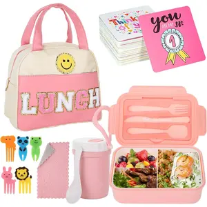 77 count Bento Box Lunch Box Kit Pink White Insulated Lunch Bag 3 Layer Stackable Leakproof Lunch Box Containers with Cup,Lunch Bag,Spoon,Fork,60 Pieces Lunch Box Notes for(Pink White)