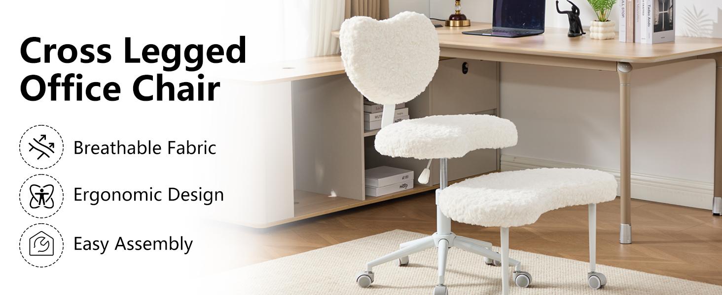 Cream Cross Legged Office Chair with Wheels–360°Swivel Meditation Chair, Adjustable Height Yoga Office Chair for Adults, Ergonomic Kneeling Chair with Back Support for ADHD, Faux Fur,