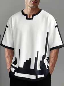 INCERUN Men's Fashion Simple Slim Fit Top, Solid Color Short Sleeve Waist Cinch Graphic T-Shirt, Casual Daily Wear, Streetwear, Geometric Pattern, Loose-Fitting
