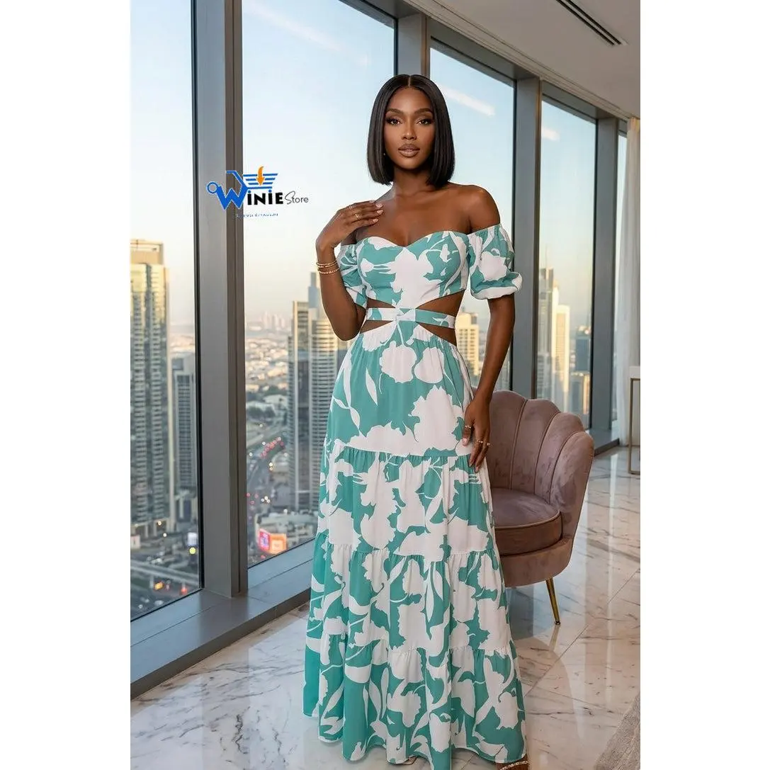 Women's Elegant Coastal Breeze Off-Shoulder Casual Maxi Dress - Adjustable Strap, Lightweight, Floral Print, Waist Tie, Cutouts, Sleeveless, Beach-Ready for Beach Events & Holidays