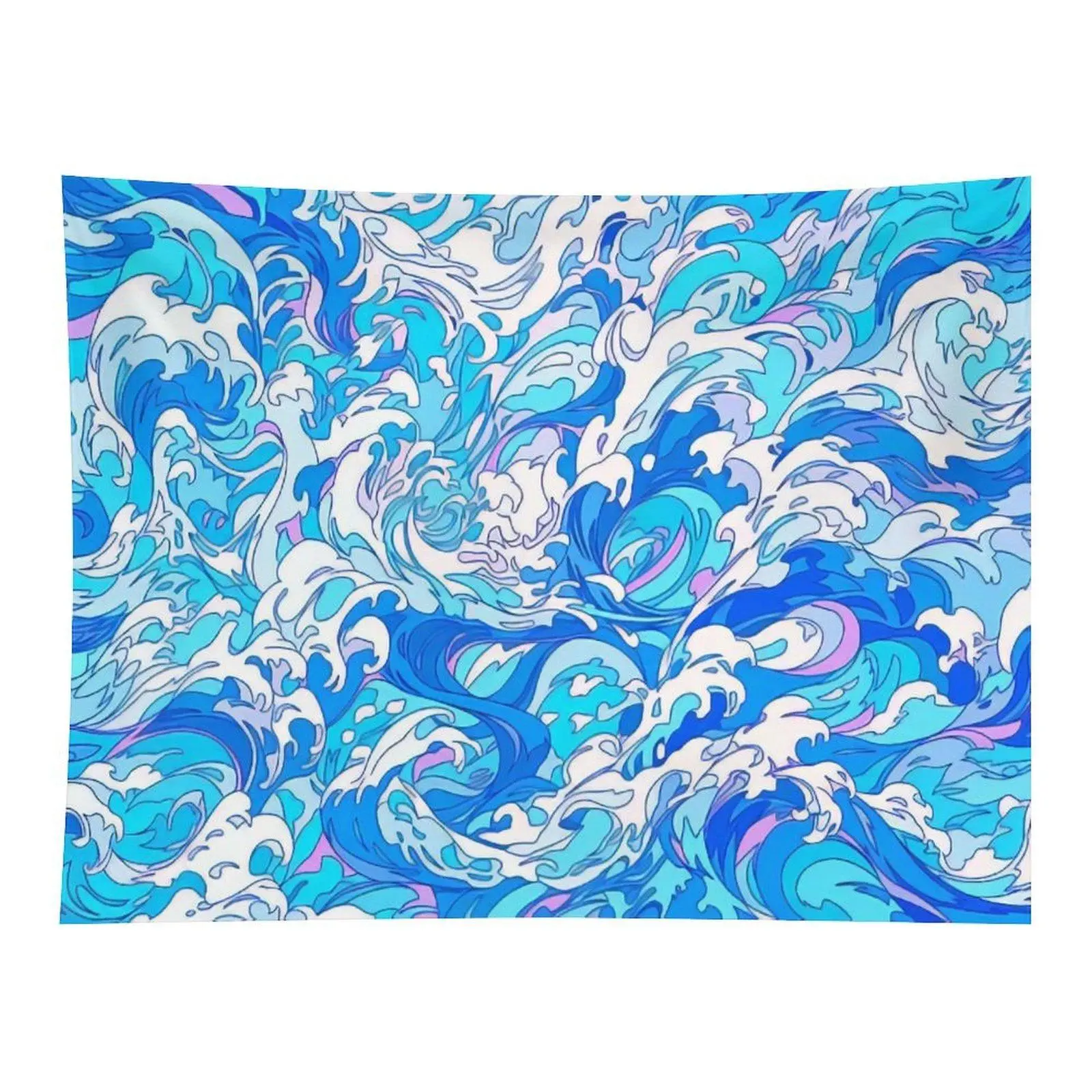 Psychedelic Ocean Wave Wall Tapestry Vibrant Blue Purple White Swirling Surf Abstract Line‑Drawing Art For Coastal Style Home Decor