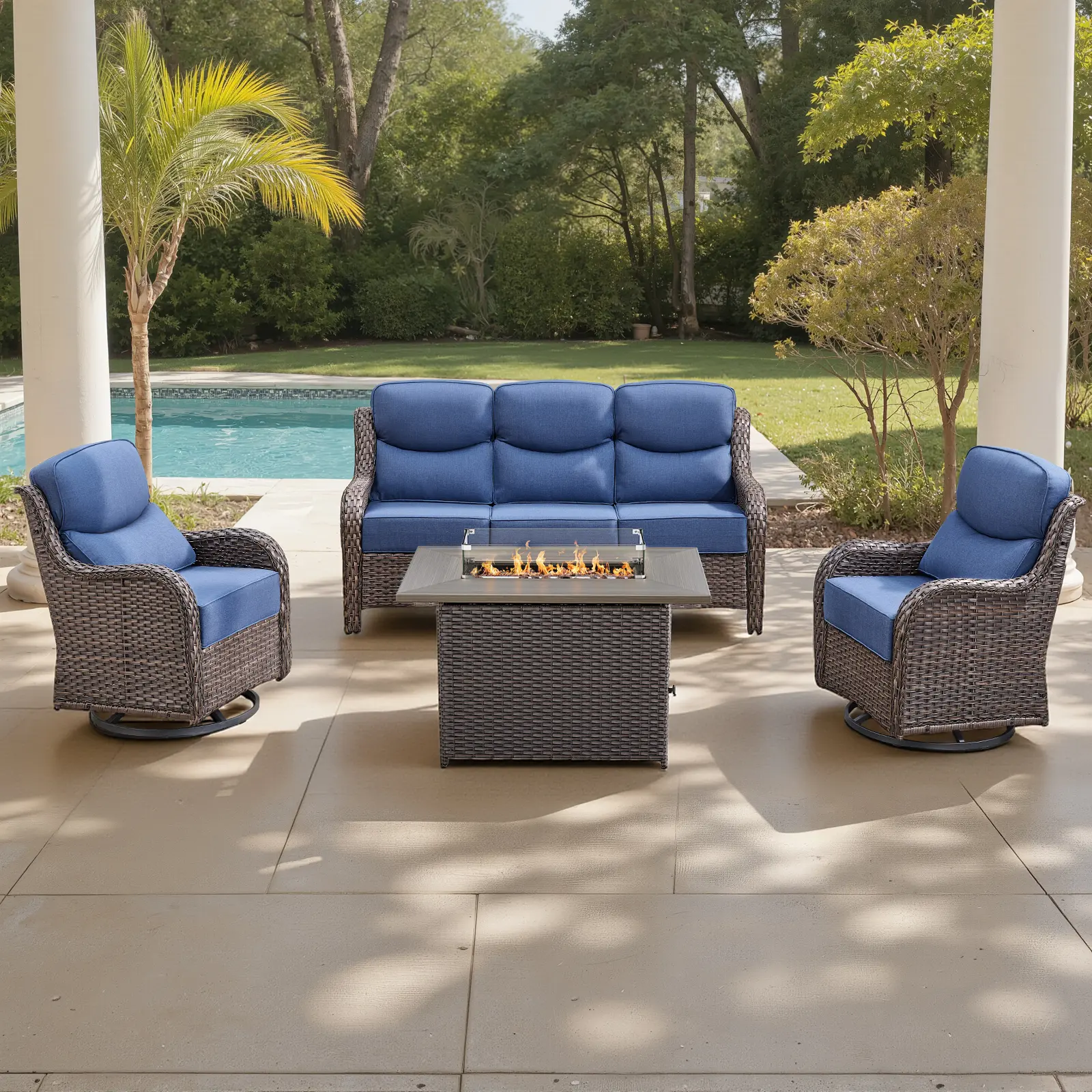 Brown Wicker / Blue Cushion