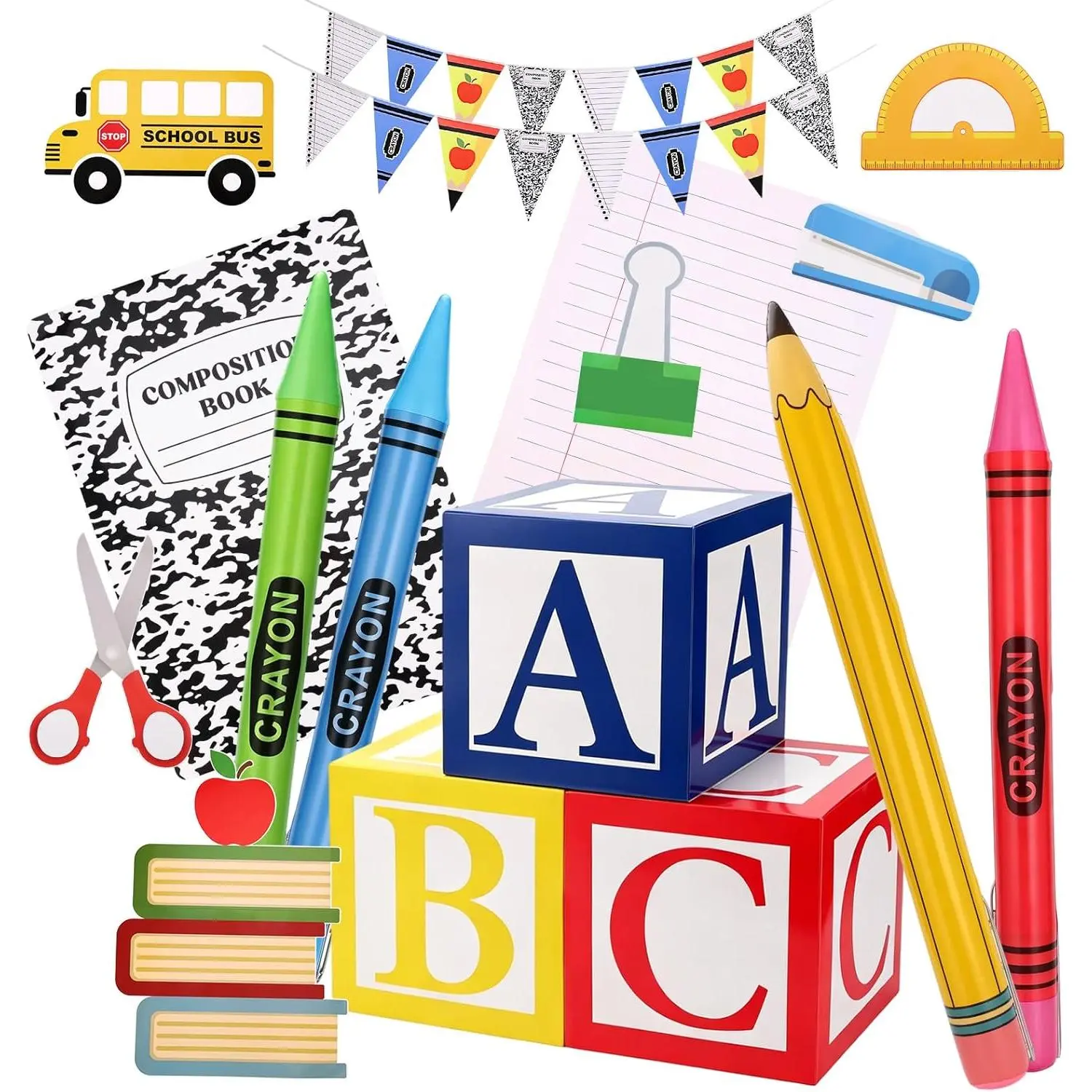 18Pcs Giant Back to School Decorations, Inflatable Pencil Crayons Balloons ABC Alphabet Party Favor Box Banner for First Day of School Kindergarten Graduation Birthday Party Supplies Decor