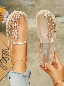 Women's Gold Casual Fisherman Flats, Breathable Mesh Sandals, Lightweight Flat Design, Adorned with Gold Floral Rhinestones, Perfect for Daily Casual Wear & Ideal Gift for Ladies, Footwear