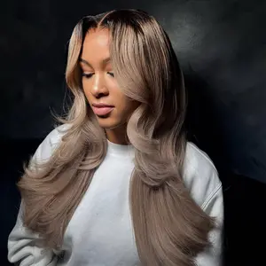 Ash Blonde With Brown Roots Body Wave Human Hair Grey Colored 13X6 Lace Frontal Wig Can Be Restyled 180% Density Lace Frontal Human Hair Pre-plucked For Women