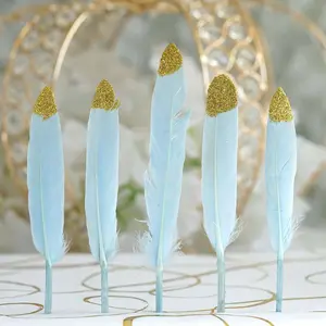 30-Pack Real Turkey Feathers Light Blue Glitter Gold Tip Design - Craft Feathers for Party Decorations and DIY Crafts