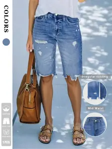1 Pair Women's Vintage Ripped Hem Bermuda Shorts Womenswear Bottom, Heavy Denim Fabric, Wrinkle-Resistant, Fit, Casual Style, Perfect for Music Festivals and Camping
