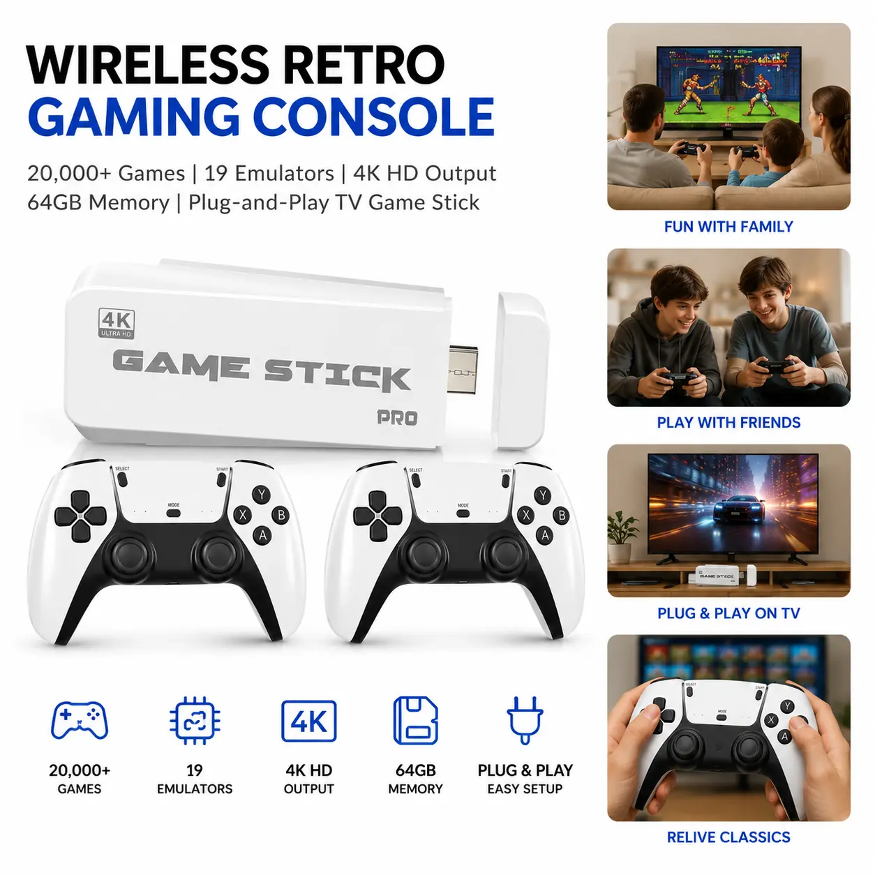 Wireless Retro Game Stick Pro, Dual Controllers, 20000+ Games, 19 Emulators, 4K HD, 64GB Memory, Plug-and-Play TV Gaming Console
