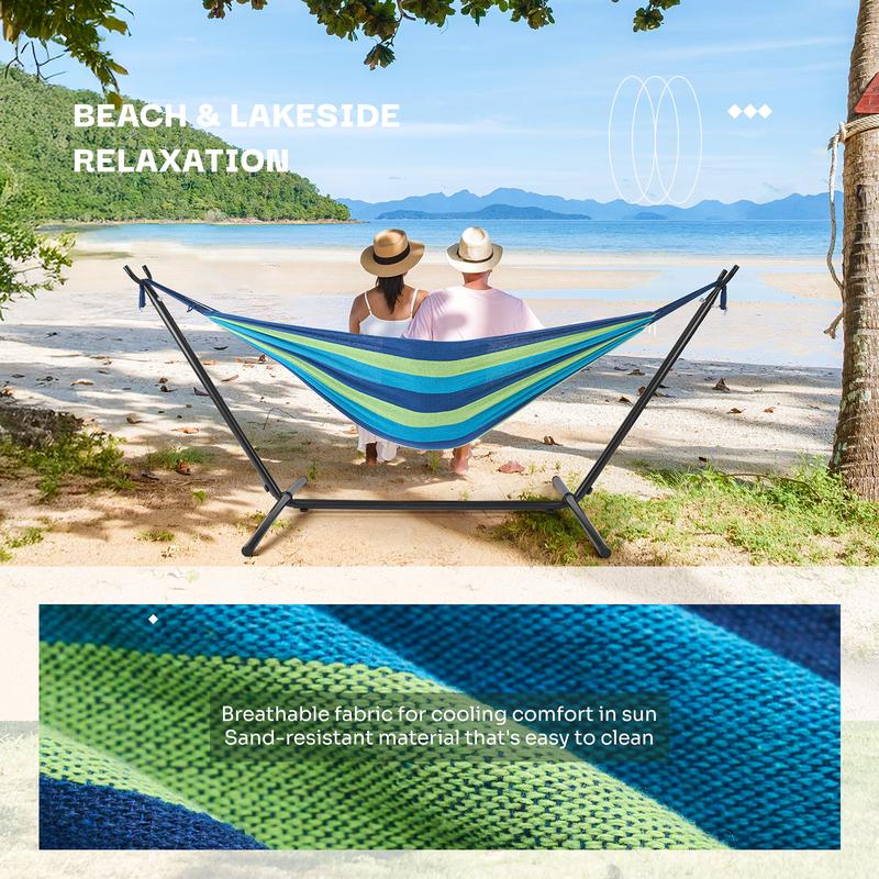 Double Hammock With Carry Bag, With Space-Saving Stand, Heavy-Duty Steel Frame, 450 Lb. Load Capacity, Easy To Assemble, For Patio, Park, Outdoors