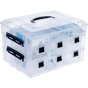 11 Inch Clear Box Container, Arts and Crafts Sewing Supplies Organizer Case with Black Accents, 24 Customizable Compartments, and 6 Drawers with Removable Dividers