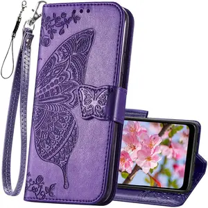 for Motorola  G Pure Phone Case Wallet,Women Butterfly Embossed PU Leather Protective Case with Kickstand Card Holder Slots Wrist Strap Flip Cover (Purple)