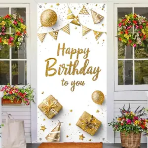 2D flat banner 1Pcs Large Gold White Birthday Door Cover Banner - Happy Birthday Photography Background Party Decoration for Women, Men, Girls 70.86*35.43inPhotog raphy Background Photoshoot Banner Polyester Fabric Party Decorations Banners