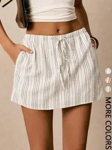 Women's Striped Culottes With Pockets, Adjustable, Waist Tie, Casual Summer Vacation Beach Shorts
