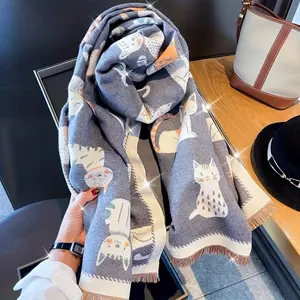 Women's Autumn Winter New Double-Sided Scarf Colored Pencil 3D Cat Long Shawl Anti-Aging Student Neck Warmer