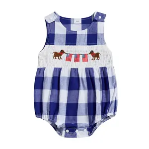 Infant Baby Boy Girl 4th of July Outfit Sleeveless Plaid Romper Dog Flag Embroidery Bodysuit Independence Day Clothes