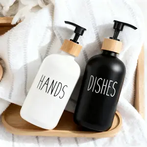 2 pack Hand & Dish Soap Dispenser with Bamboo Tray & Pump, 16oz Soap & Lotion Dispenser Set for Bathroom Kitchen