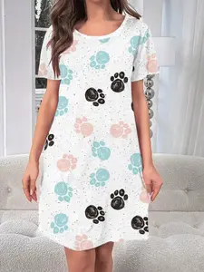 Women's Casual Sleepwear Dress Loungewear, Round Neck Short Sleeve Nightgown, All-Over Print, Slim-Fit Summer & Winter Pajamas, Womenswear