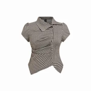 Cider Gingham Puff Sleeve Ruched Asymmetrical Hem Top Curve & Plus SwimWeek