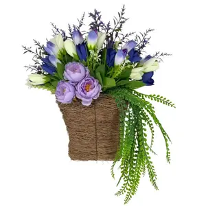 1 Piece 18-Inch Purple Lavender Wreath for Front Door, Spring & Summer Tulip Door Hanging Basket, Artificial Hanging Basket Wreath, Suitable for Indoor, Outdoor and Window Decoration, Rustic Farmhouse Style Purple Wreath, All-Season Universal