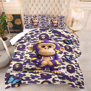Purple Camo Monkey Comforter Set,Vibrant Purple & Yellow Camo Bedding Set with Cute Ape Motif & Flutterby Accents,Includes 1 Comforter and 1-2 Pillowcases,Ideal for Teen Boys,Gaming Rooms & Dorm Room Styling