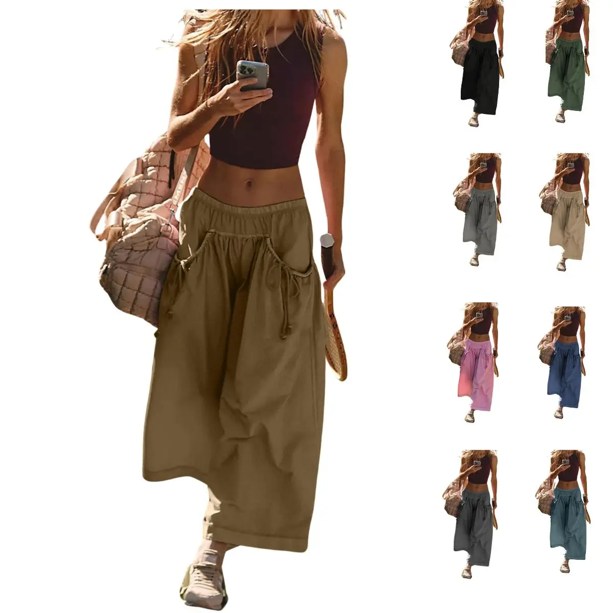 Yeokou Women's Loose Wide Leg Track Pants Boho Sport Style Drawstring Pockets Elastic Waist Capri Hiking Parachute Pants Womenswear Casual