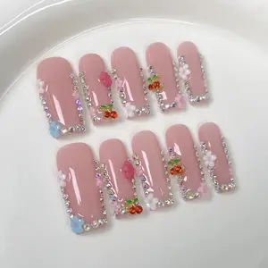 10pcs Long Square Handmade Press On Nails|3D Flowers & Cherry Sparkly Rhinestones Decor Designs False Nail for party &daily| Skip Salon Trips, Easy to Apply & Remove, Reusable