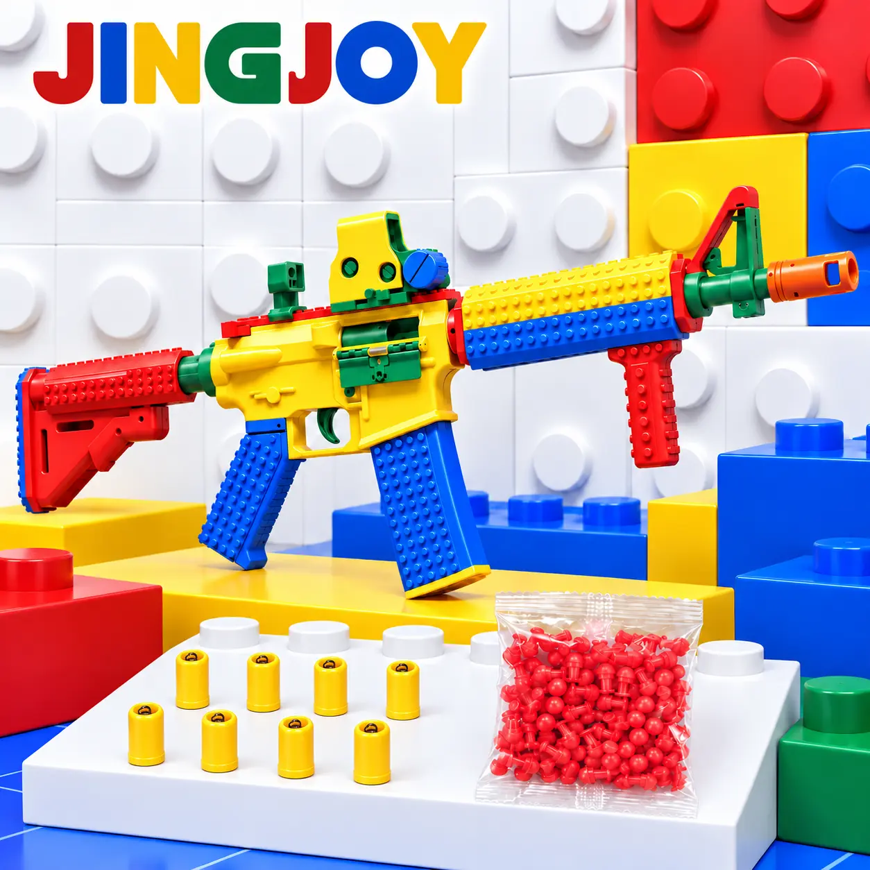 JINGJOY Building Block Toy Blaster with Shell-Ejecting Action, 8-Round Magazine, 100 Projectiles, 4-Position Adjustable Stock, Modular Build, No Batteries, Ages 14+