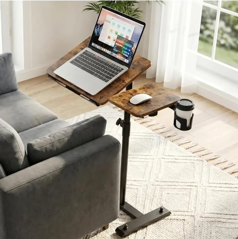 Aothia Small Standing Desk Rolling Table Adjustable Height, Laptop Mobile Stand with Wheels, Overbed Table, Portable Computer Workstation with Tiltable Desktop for Teacher Classroom Home Office, Brown