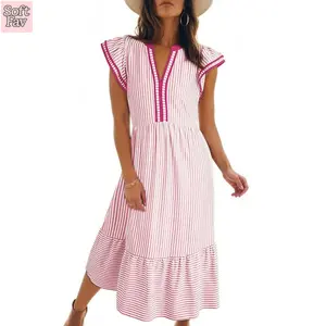Soft Hav Womens Dresses 2026 Summer V-Neck Ruffle Cap Sleeve Empire Waist Flowy Striped Beach Midi Maxi Dress with Pockets Casual Lightweight Fabric for Vacation Outfits - Womenswear
