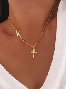 Women's Elegant Zirconia Initial Cross Pendant Necklace, Stainless Steel Beaded Chain, All-Season Jewelry for Women, Dainty Necklace, Statement Religious Necklace, Faith Necklace, Exquisite Chain Jewelry